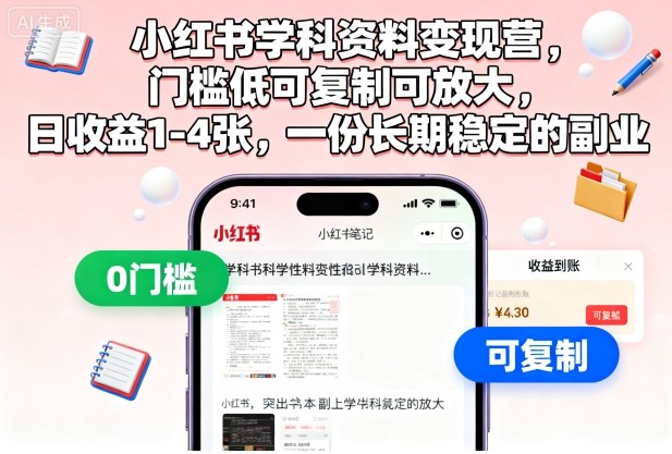 小红书学科资料变现营，门槛低可复制可放大，日收益1-4张，一份长期稳定的副业 - 小满资源库